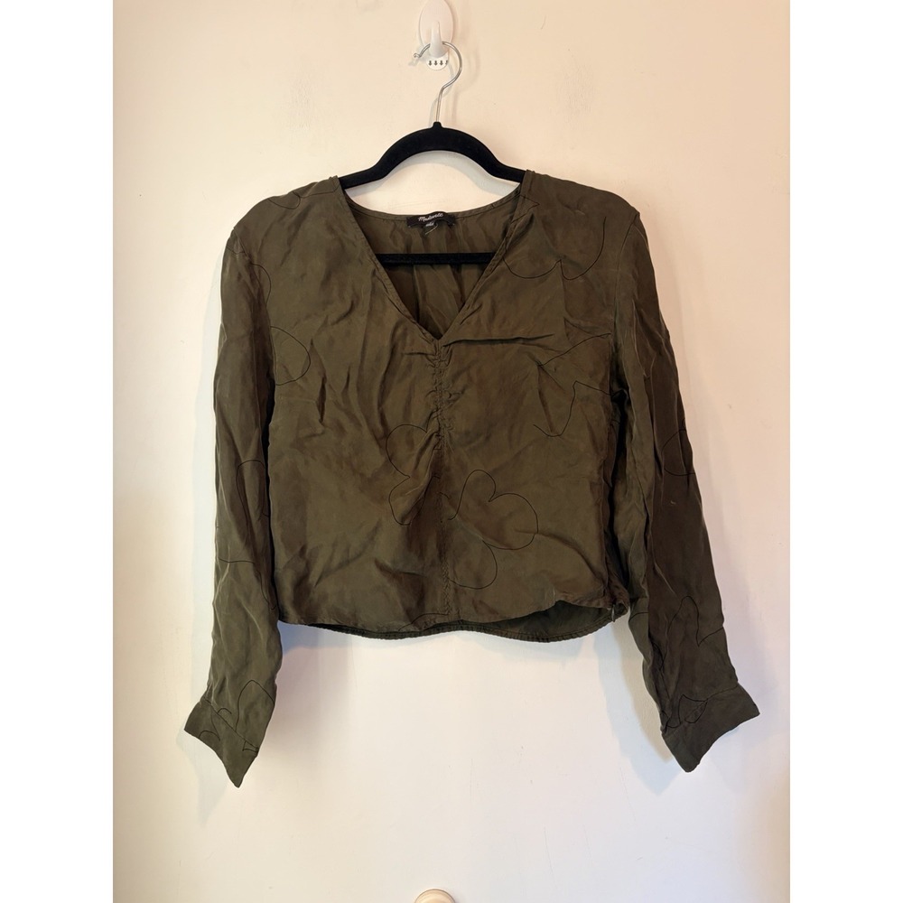 Madewell Olive Green Cupro Viscose Ruched Blouse Long Sleeve Size 2